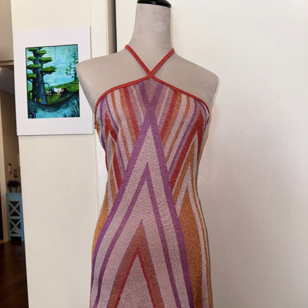 Groovy Glitter Color Blocked Halter Neck Pink Midi Dress